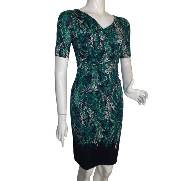 BODEN Dress, 6, Rita Sheath, Ruched Bust, Blue/Green Abstract leaves, Tencel - Picture 3 of 13